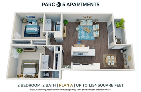 2bedroom 2 bathroom floor plan at Parc at 5 Apartments, Downey, CA, 90240